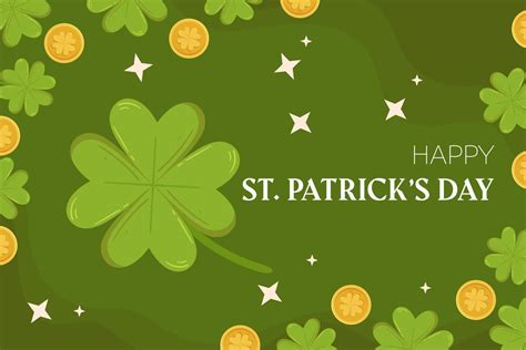 St Patricks Day Holiday Background Design With Green Four Leaf Clover Or Shamrock And Gold Coins