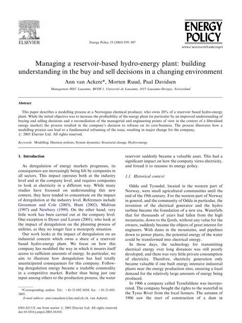 PDF Managing A Reservoir Based Hydro Energy Plant Building