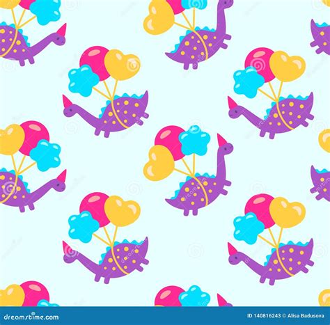 Funny Cartoon Dinosaurs With Balloons Illustration Icon Vector