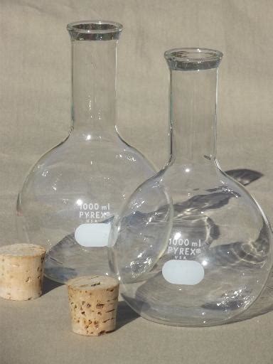 Vintage Lab Glass Flask Bottles Large Pyrex Chemical Beakers W Corks