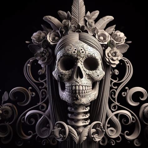 Um modelo 3d do crânio de catrina renderiza o dia dos mortos fundo