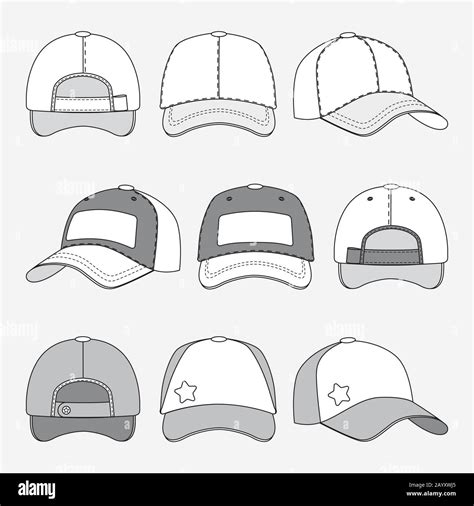 Baseball Cap Front Back And Side View Outline Vector Template Of Caps