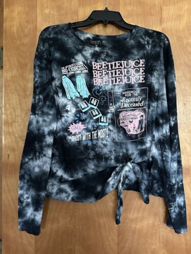 Beetlejuice Tie Dye Crop T Shirt Tie Front Black White Long Sleeve M