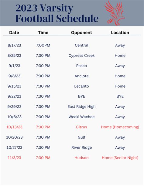 Varsity Football Schedule Fivay High School