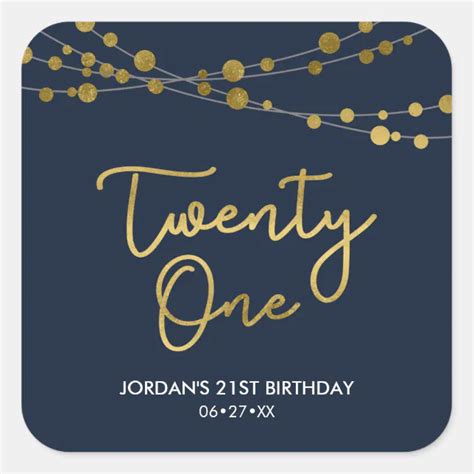 Blue Faux Gold Strings Of Lights 21st Birthday Square Sticker Zazzle