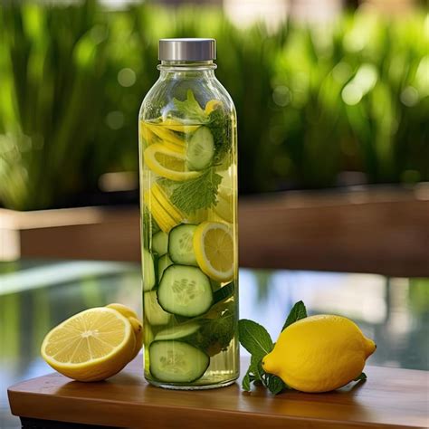 Premium AI Image Detox Water With Cucumber Lemon And Mint In Glass Bottle