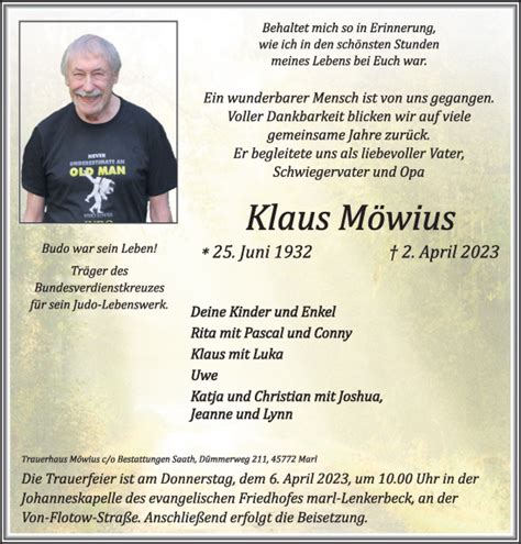 Traueranzeigen Von Klaus M Wius Sich Erinnern De