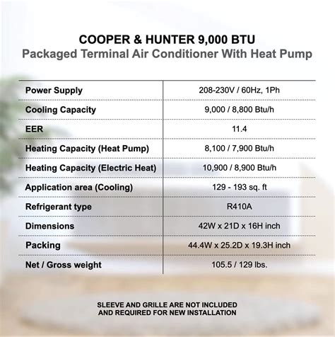 Cooper And Hunter 9000 Btu Ptac Packaged Terminal Air Conditioner And Heater 230v