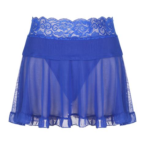 Womens Sexy See Through Mesh Mini Skirt Lace Trim High Waist Skirts