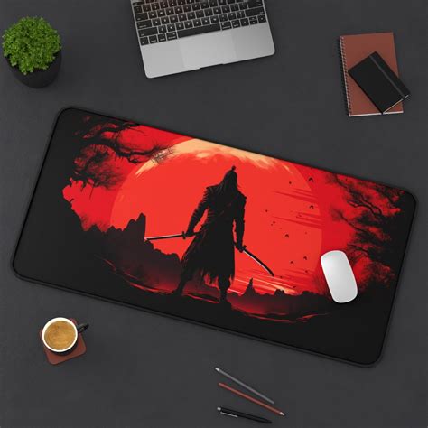 Red Samurai Desk Mat Fantasy Art Mousepad Cute Accessories Aesthetic