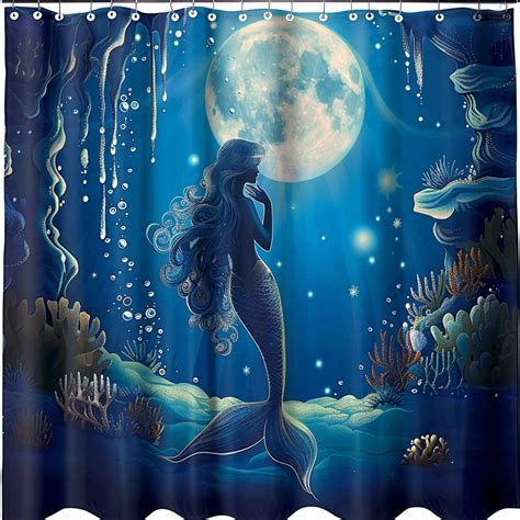 Blue Mermaid On Coral Reef Shower Curtain Moonlight Glow Underwater