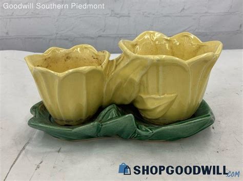 Mccoy Yellow Ceramic Pottery Double Tulips Flower And Swallow Planter