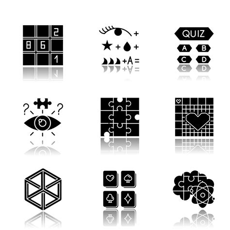 Puzzles And Riddles Drop Shadow Black Glyph Icons Set Sudoku Trivia