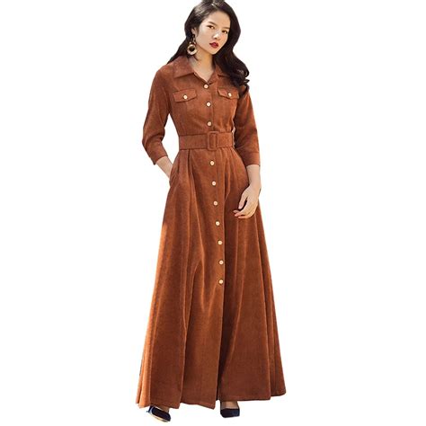 Women Vintage Turn Down Collar Corduroy Long Dress New Elegant Solid