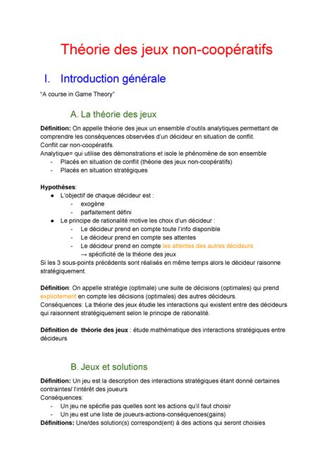 Introduction Cours Théorie des jeux non coopératifs I Introduction