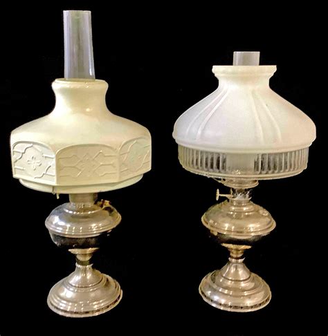 Lot - (2) Vintage Kerosene Oil Lamps, Glass Shades