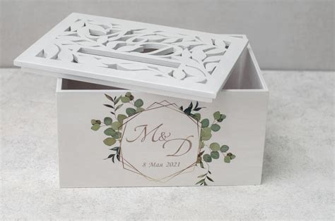 Personalized Wedding Card Box With Monogram White Custom Wood Etsy