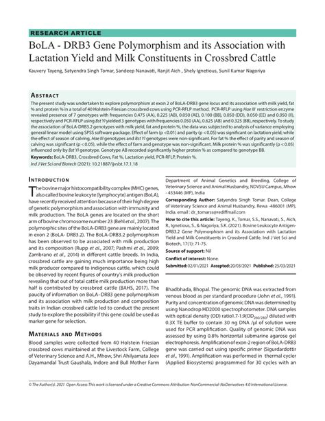 PDF BoLA DRB3 Gene Polymorphism And Its Association With Lactation