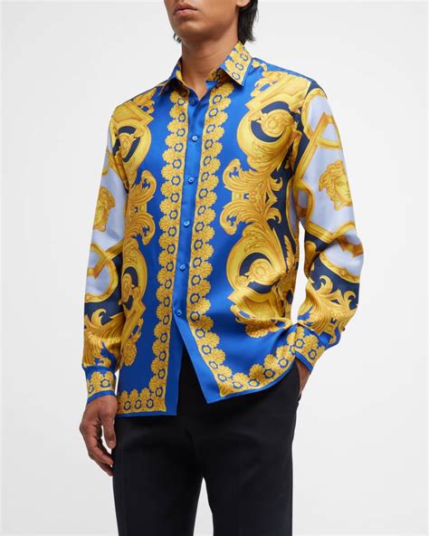 Versace Men S Baroque Print Silk Shirt Neiman Marcus