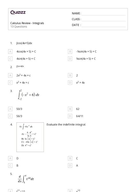 50 Integral Calculus Worksheets For 11th Grade On Quizizz Free