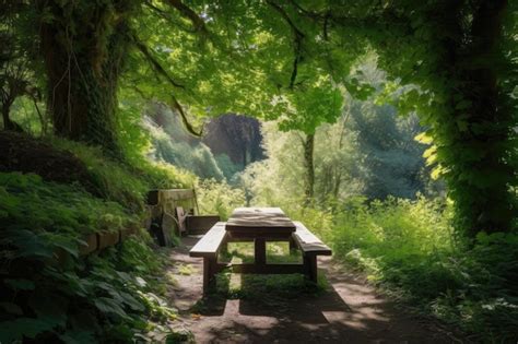 Premium AI Image Picnic Table Surrounded By Lush Greenery On A Sunny