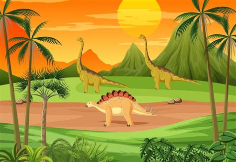 Free Vector Prehistoric Forest Background With Dinosaur Cartoon