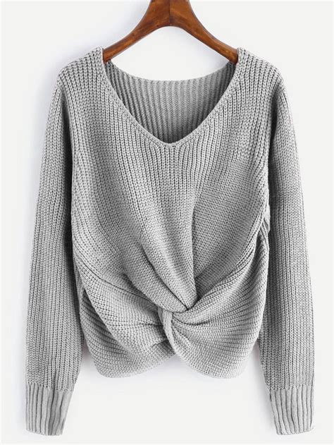 V Neckline Twist Front Sweater Shein Sheinside