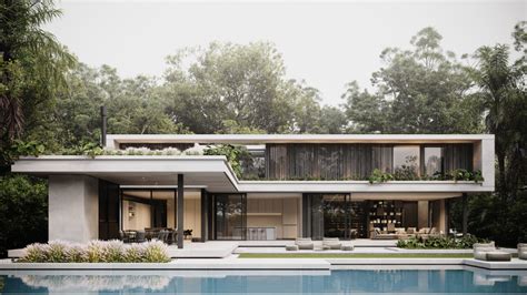 Modern House Exterior with Pool and Trees