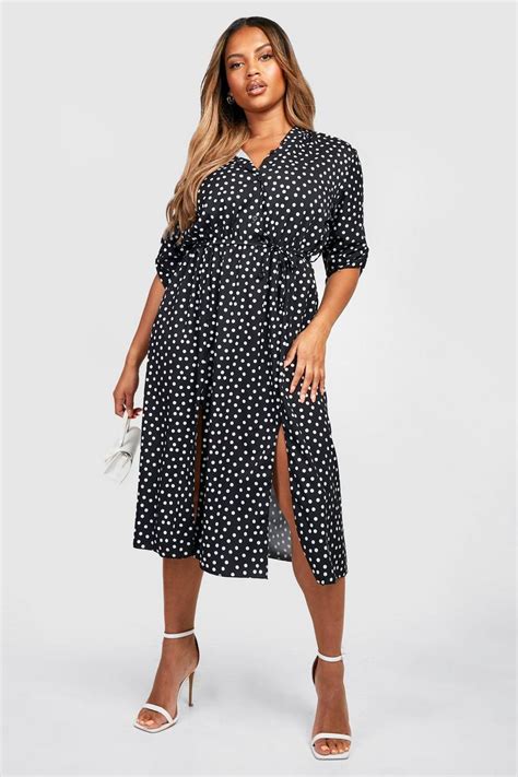 Womens Plus Polka Dot Midi Shirt Dress Boohoo Uk