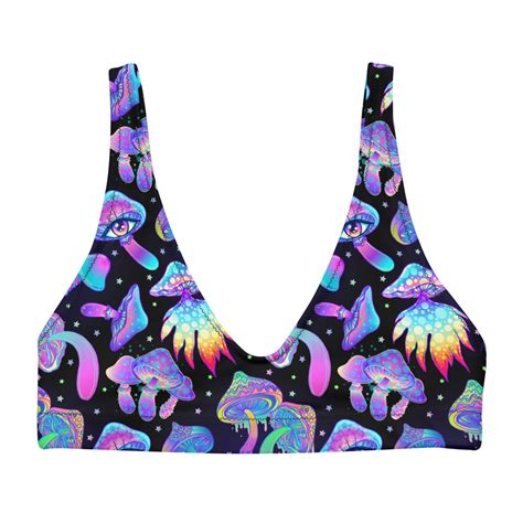 Shroomin Black Recycled Padded V Top Rave Bikini Top Festival Bikini Top Rave Wear Rave