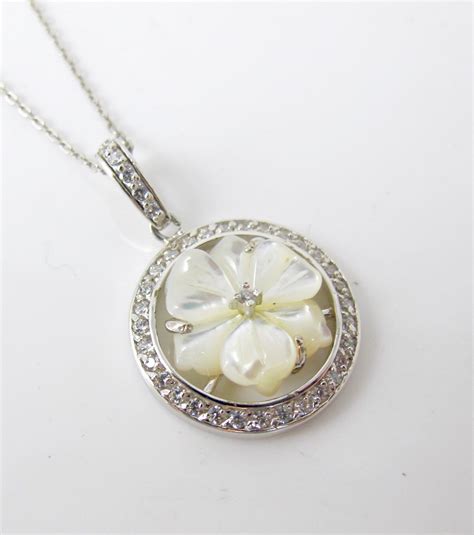 Mother Of Pearl Flower Necklace Diamond Cz Carved Hibiscus Etsy