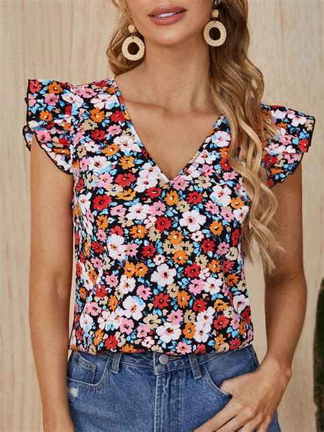 Multicolor Boho Cap Sleeve Polyester Floral All Over Print Top Slight