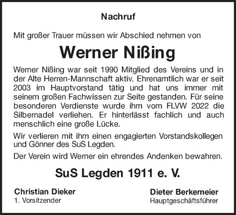 Traueranzeigen von Werner Nißing sich erinnern de