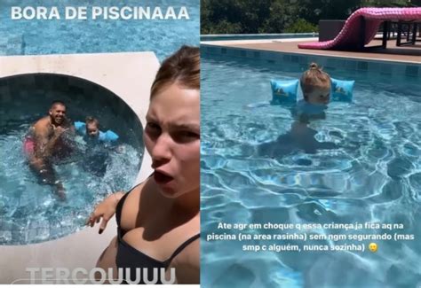 Zé Felipe e Virginia posam sua bebê na piscina da mansão