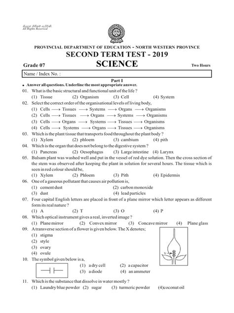 Grade 07 Science 2nd Term Test Paper 2019 English Medium North Western Province Pdf Tissue