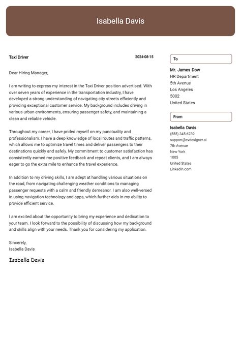 Taxi Driver Cover Letter Examples And Templates For 2024 Cvdesignerai