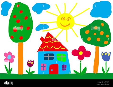 Naive illustration, children's drawing, house with garden flowers and ...