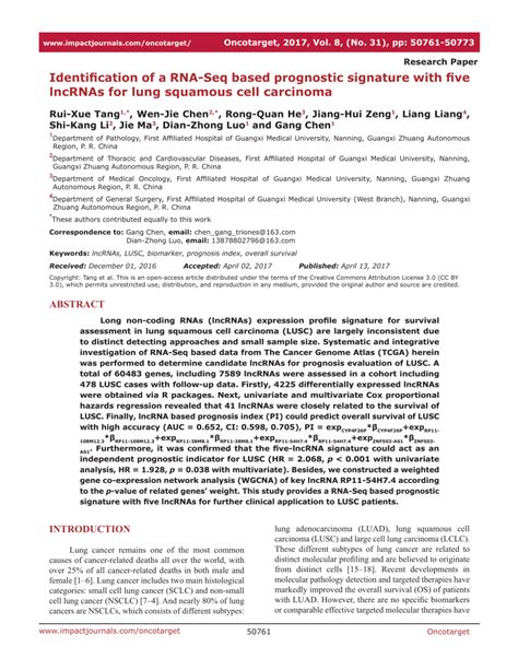 Pdf Identification Of A Rna Seq Based Prognostic Signature With Five