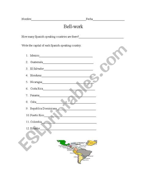 English Worksheets Capitals Of Spanish Speaking Countries