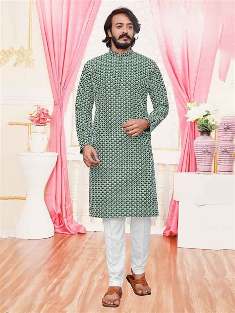Green Colour Silk Fabric Lucknowi Kurta Pajama