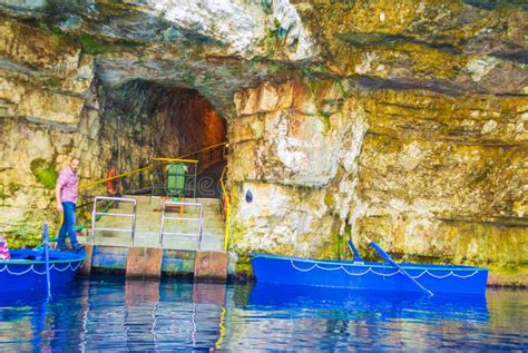 Blue Boat In Transparent Water Of Melissani Cave Lake Kefalonia Island