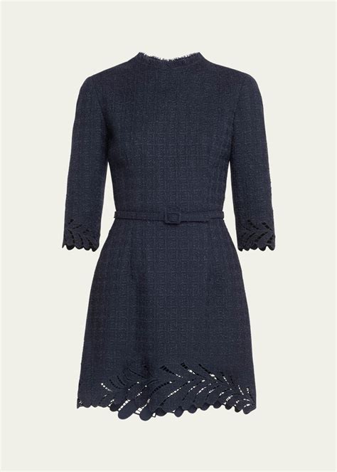 Oscar De La Renta Fern Embroidered Sleeve Belted Tweed Mini Dress