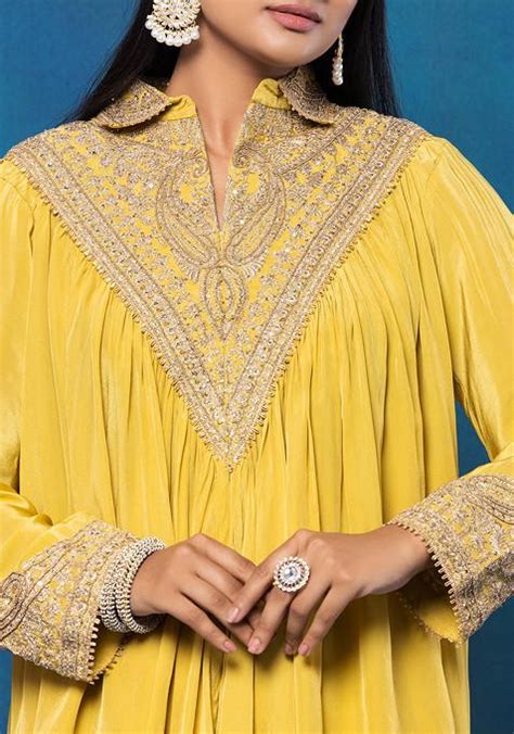 Buy Women Yellow Sequin Zari Embroidered Kurta Set With Dhoti