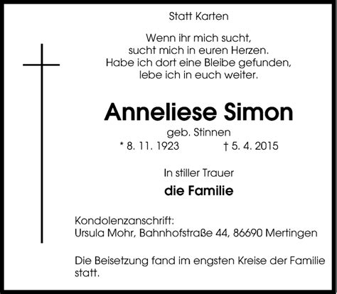 Traueranzeigen Von Anneliese Simon Trauer In NRW De