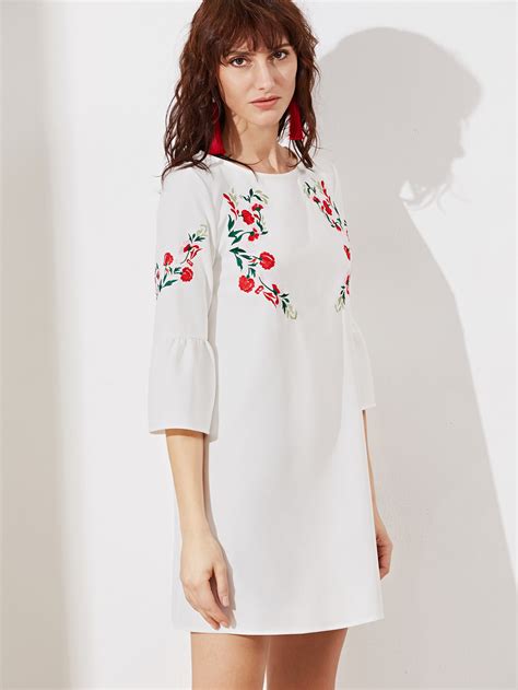 Bell Sleeve Symmetric Embroidered Tunic Dress Sheinsheinside