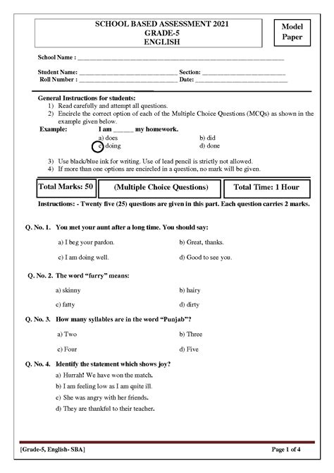 Solution Pec 5th Class English Model Paper 2021 Studypool