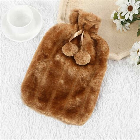 Large L Rubber Hot Water Bottle Bag Warm Cover Faux Fur Fluffy Pom Pom Cover EBay