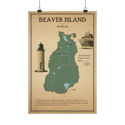 Beaver Island Map Poster Michigan Vintage Style Map Places To Go On