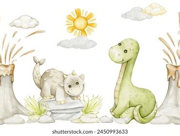 lindo dinosaurios volcán sol acuarela sin ilustración de stock