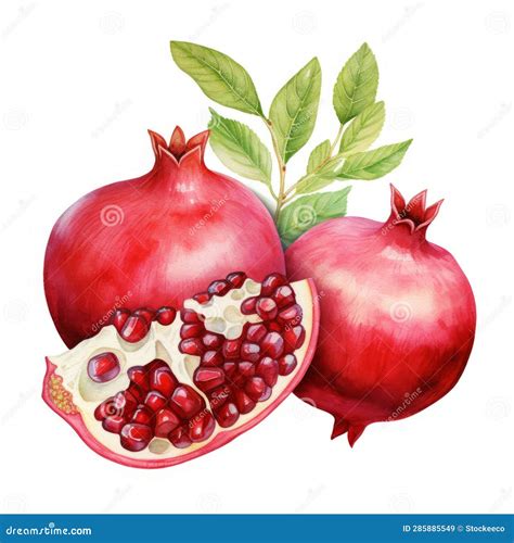 Vibrant Watercolor Illustration Of Red Pomegranates With Leaves Stock